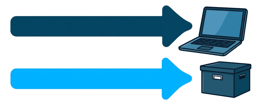 Illustration: two arrows side by side, the top one ending at a laptop and the bottom one at a closed filing box
