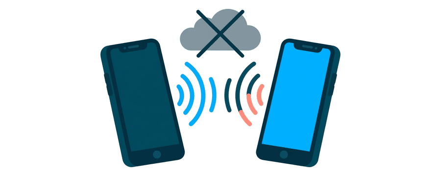 Illustration: zwei Smartphones, die sich Signalwellen zusenden, mit einer durchgestrichenen Wolke darüber