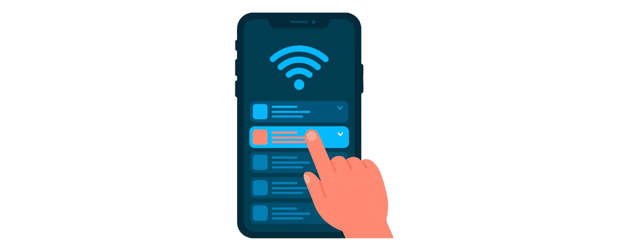 Illustration: ein Finger, der in der WLAN-Liste eines Smartphones ein hervorgehobenes Netz antippt