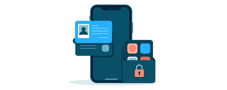 Illustration: eine Karte mit einem Foto, die aus einem Smartphone herauskommt, während App-Symbole daneben in einer Kiste mit Vorhängeschloss eingesperrt bleiben