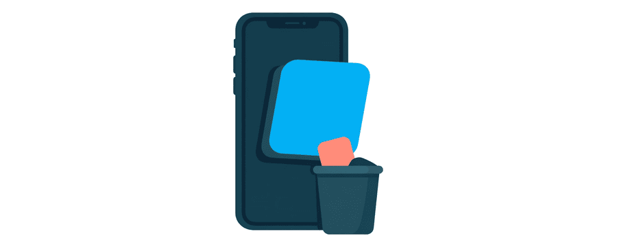 Illustration: eine App-Kachel, die vom Bildschirm eines Smartphones abgehoben und in einen kleinen Papierkorb geworfen wird
