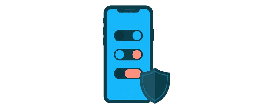 Illustration: ein Smartphone mit drei Schaltern für Berechtigungen, daneben ein Schutzschild