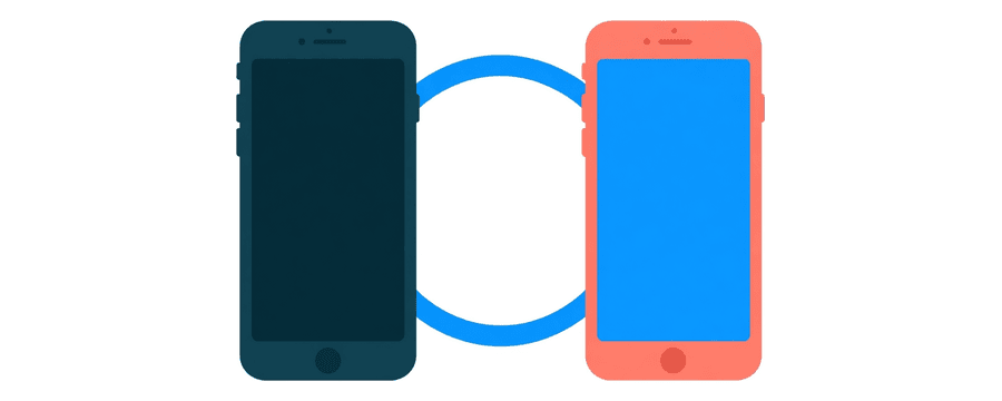 Illustration: ein dunkelblaues und ein korallenfarbenes Smartphone nebeneinander, verbunden durch einen leuchtend blauen Ring
