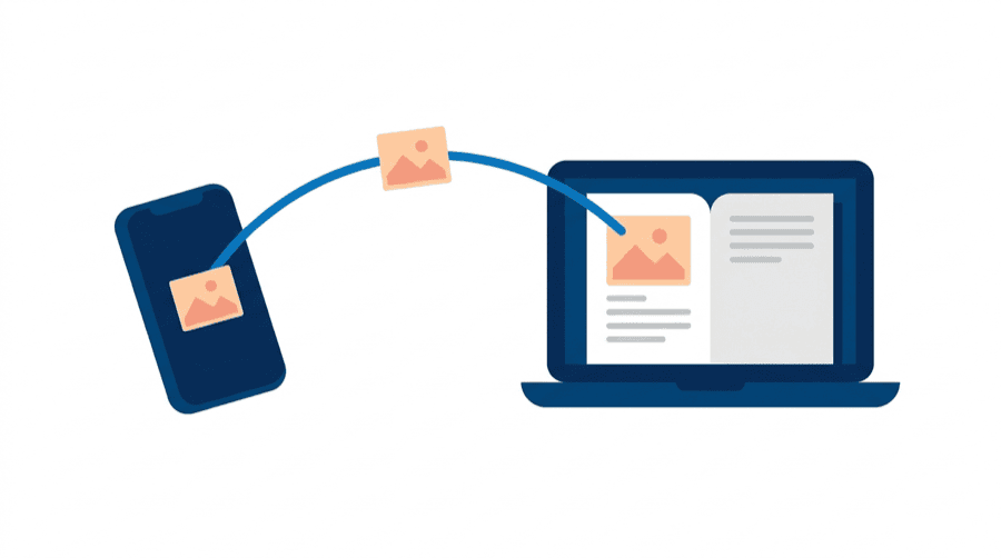 그림: 휴대폰이 사진 타일을 곡선을 따라 노트북의 열린 문서로 곧장 보내며, 사이에 폴더가 없다