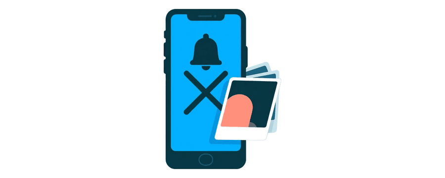 Ilustración: una campana tachada en la pantalla de un teléfono, mientras siguen llegando tarjetas de foto al teléfono