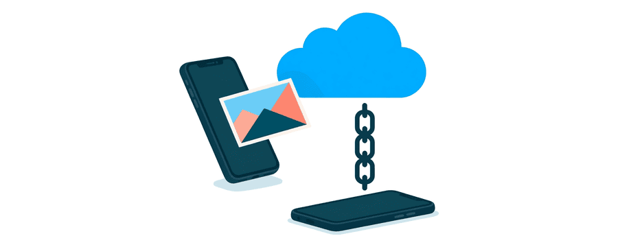 Ilustración: un teléfono enviando una foto a una nube, y un enlace que vuelve a bajar hasta un segundo teléfono