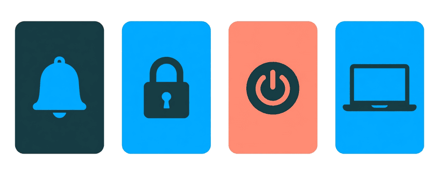 Ilustración: cuatro tarjetas alineadas mostrando una campana, un candado, un botón de encendido y un portátil