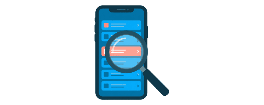 Ilustración: una lupa sobre una línea resaltada en una lista de ajustes de teléfono