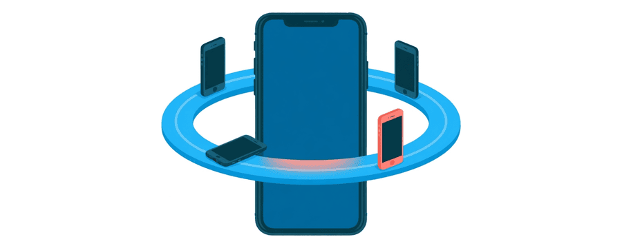 Ilustración: un teléfono grande dentro de un anillo azul, con teléfonos pequeños sobre el anillo, uno de ellos en coral