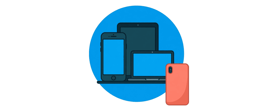Ilustración: un teléfono, una tableta y un portátil dentro de un círculo azul, con un teléfono coral empujado a medio salir