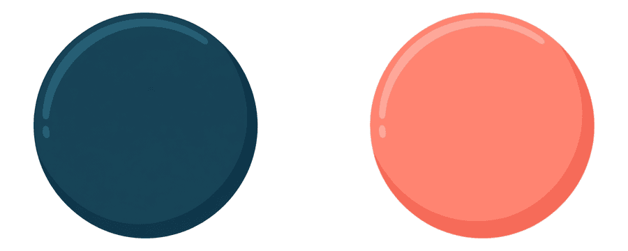 Ilustración: dos insignias redondas idénticas colocadas planas una junto a otra, una azul marino y una coral, separadas por un amplio vacío