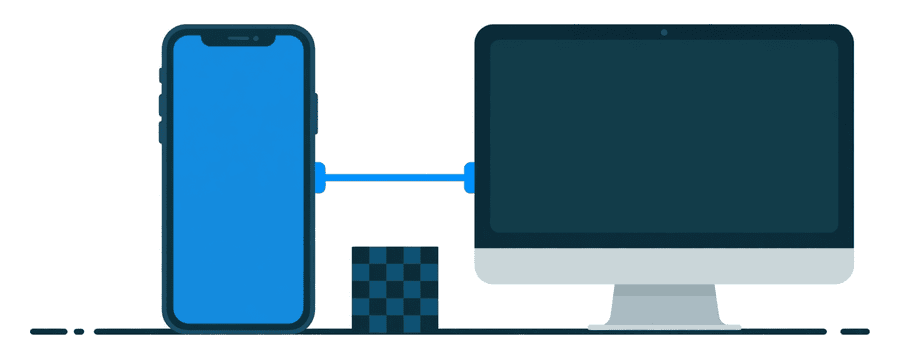 Illustration: ein Smartphone und ein Desktop-Bildschirm nebeneinander, verbunden durch eine kurze blaue Linie mit einem kleinen Karo-Quadrat dazwischen