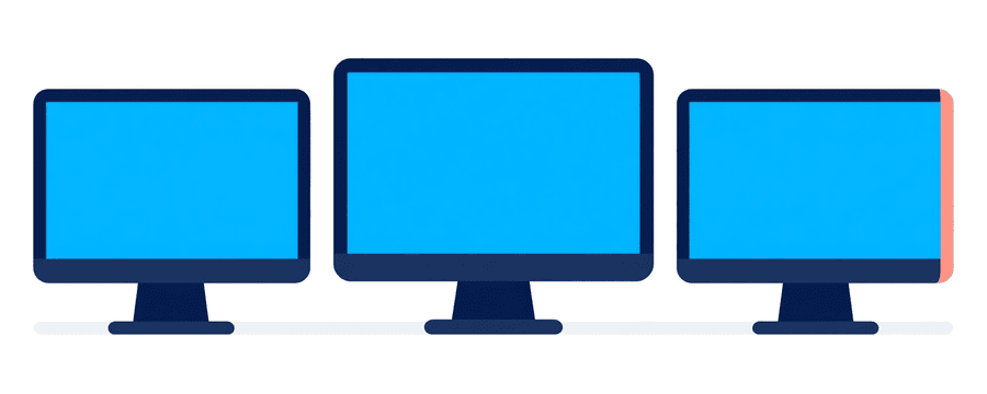 Illustration: drei identische Desktop-Bildschirm-Silhouetten in einer Reihe, jede mit einem vollständig leeren Bildschirm