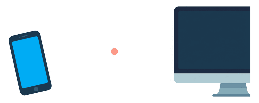 Illustration: ein Smartphone und ein Desktop-Bildschirm weit auseinander, mit einer großen Lücke und einem kleinen korallenfarbenen Punkt dazwischen