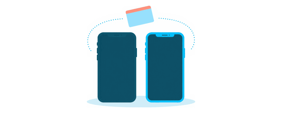 Ilustración: una tarjeta de foto que viaja a lo largo de una línea punteada de un teléfono a otro