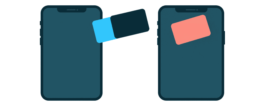 Ilustración: dos teléfonos uno frente al otro, cada uno con una pequeña tarjeta redondeada encima, una azul noche y la otra coral
