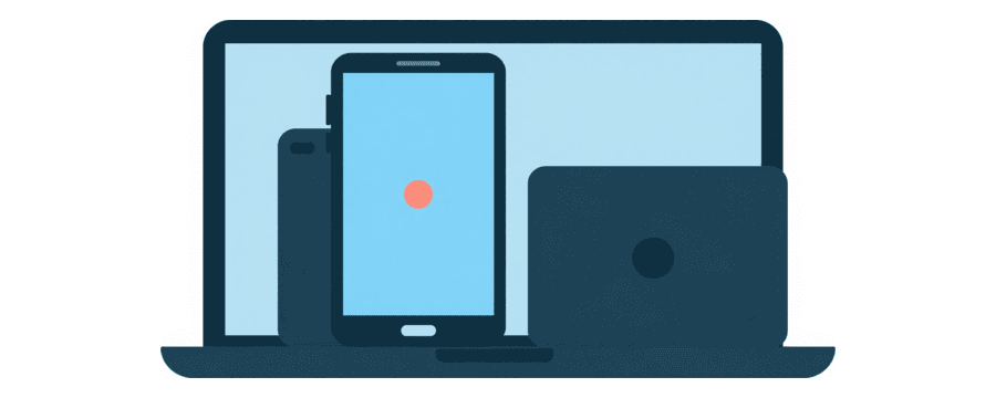 Ilustración: un teléfono, una tableta y un portátil agrupados, con un punto coral sobre el teléfono