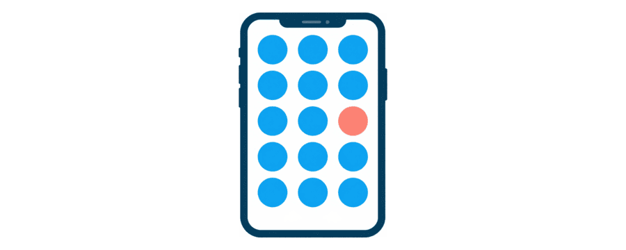 Ilustración: una pantalla de teléfono llena de una cuadrícula de círculos azules, uno de ellos coral
