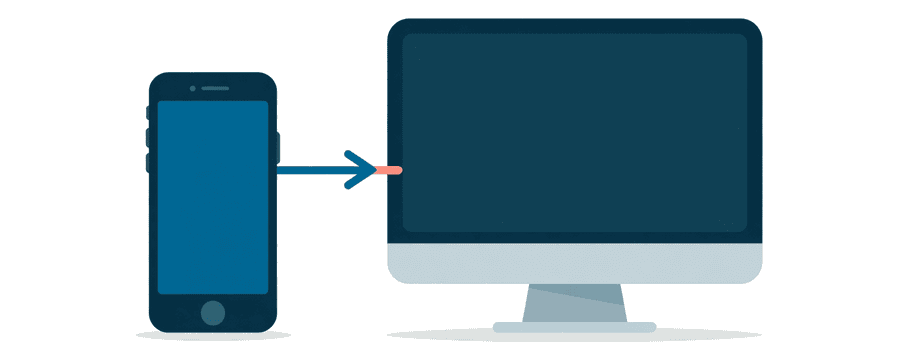 Illustration: ein Smartphone mit einem einzigen geraden Pfeil, der zum Bildschirm eines Computers führt
