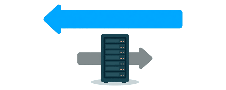Illustration: ein gerader blauer Pfeil oben, und darunter ein grauer Pfeil, der durch eine einzelne Serverbox verläuft