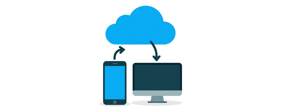Illustration: eine Wolke über einem Smartphone und einem Bildschirm, mit einem Pfeil nach oben und einem nach unten
