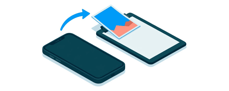 Illustration: eine Bildkarte, die entlang eines kurzen blauen Pfeils von einem Smartphone zu einer flachen Zwischenablage wandert