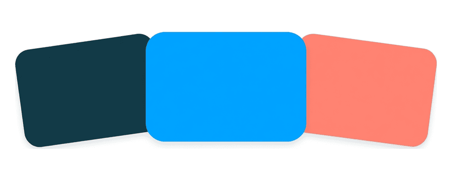 Illustration: three rounded cards lying flat in a row, one navy, one bright blue and one coral