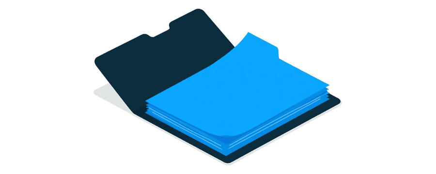 Illustration: an open navy folder lying flat with three plain blue document pages resting inside it