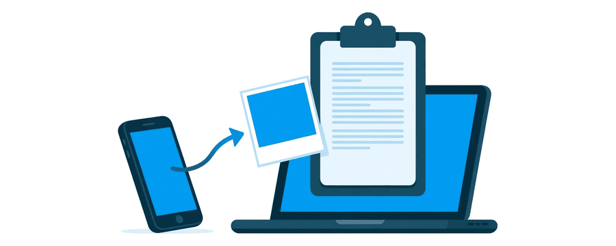 Illustration: eine Fotokarte, die von einem Handy zu einer Zwischenablage auf dem Bildschirm eines Laptops fliegt
