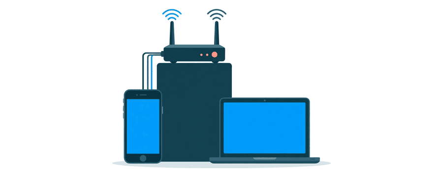 Illustration: ein Router, der mit einem Smartphone und einem Laptop verbunden ist, mit einer hohen Mauer zwischen beiden