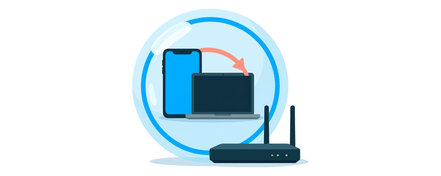 Illustration: ein Handy und ein Laptop in ihrer eigenen Blase, verbunden durch einen blauen Bogen, mit einem Router außerhalb