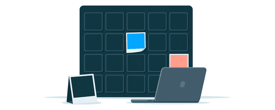 Illustration: ein Kalenderraster mit einer kleinen Fotokarte in jedem Feld, neben einem Laptop