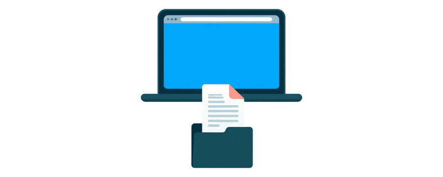 Illustration: ein Dokumentsymbol, das von einem Laptop in einen geöffneten Ordner fällt