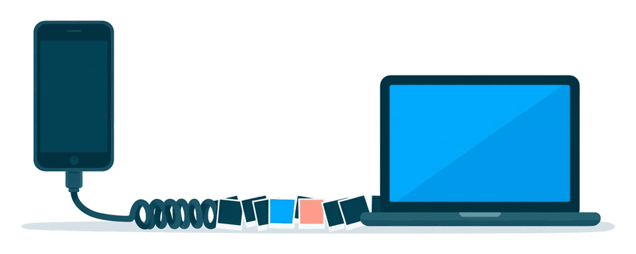 Illustration: ein Handy, das über ein aufgerolltes Kabel mit einem Laptop verbunden ist, mit vielen darüber zum Computer laufenden Fotokarten