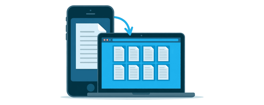 Illustration: ein Handy neben einem Laptop, dessen Browserfenster ein Raster aus Dateiminiaturen zeigt