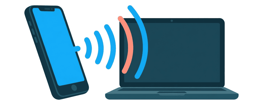 Illustration: ein Handy, das breite Signalbögen zu einem daneben liegenden Laptop sendet