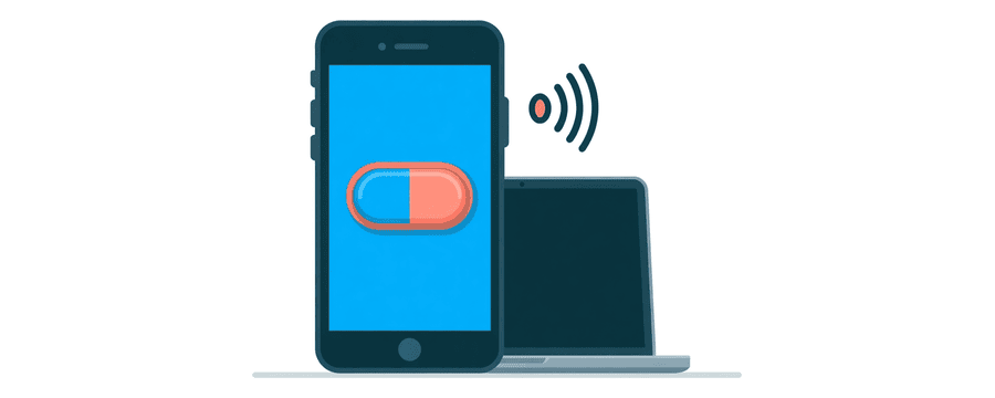 Illustration: ein Handy mit einem großen ausgeschalteten Schalter neben einem Signalbalken-Symbol, mit einem Laptop daneben