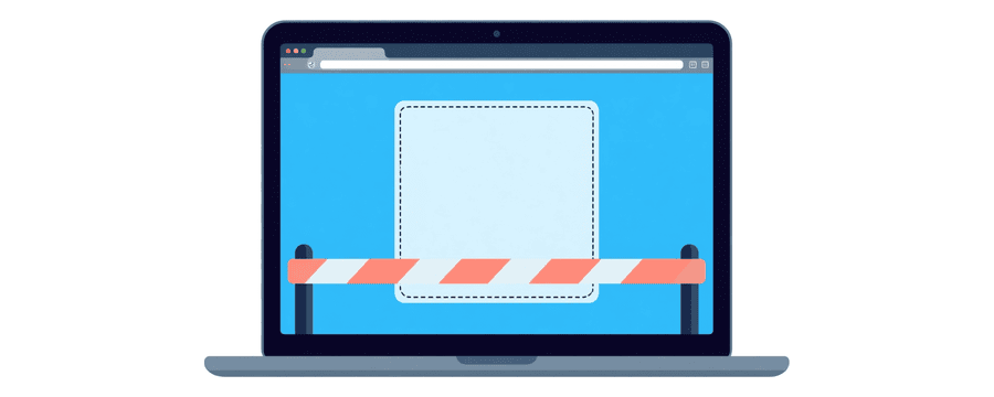 Illustration: ein Browserfenster auf einem Laptop mit einem leeren gestrichelten Quadrat und einer Schranke quer darüber