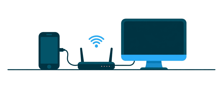 Illustration: ein Router, der mit einem Handy und einem Desktop-Computer verbunden ist, alles in einem großen Kreis