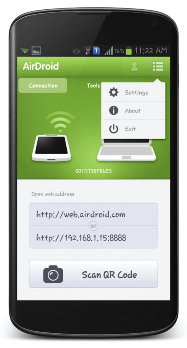 The AirDroid app on an Android phone showing the Connection tab, a web address of web.airdroid.com, a local address of 192.168.1.15:8888 and a Scan QR Code button