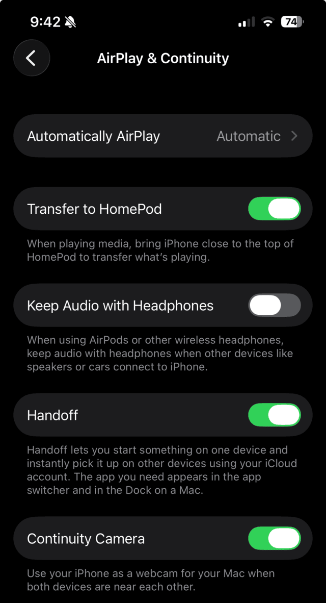 The iPhone AirPlay and Continuity settings screen, showing the Handoff switch turned on and the Continuity Camera switch turned on below it