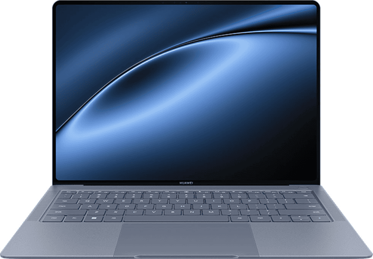 A Huawei MateBook laptop, open, seen from the front