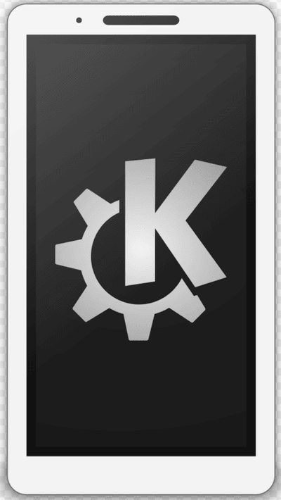 A phone displaying the KDE Connect app icon, a white letter K inside a gear on a dark screen