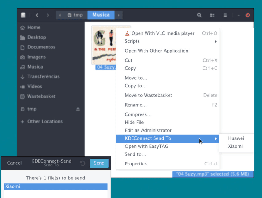 A Linux file manager right click menu with a KDEConnect Send To entry expanded, listing two paired phones by name
