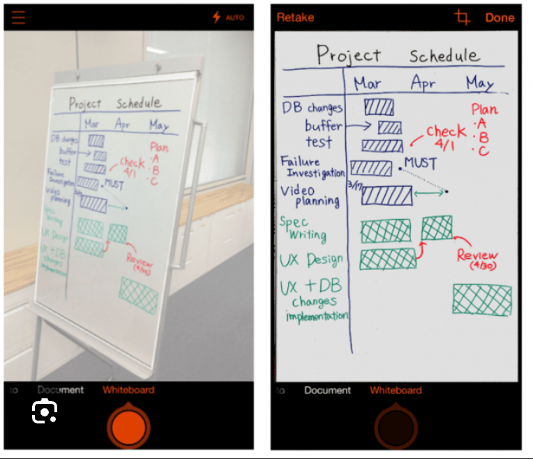 Microsoft Lens capturing a whiteboard at an angle on the left, and the same whiteboard cropped, straightened and cleaned up on the right