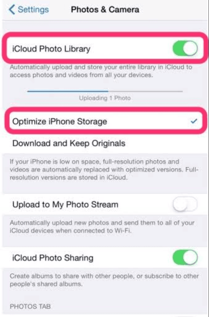 iPhoneの写真設定でiCloud写真がオンになり、「オリジナルをダウンロード」ではなく「iPhoneのストレージを最適化」が選ばれている画面