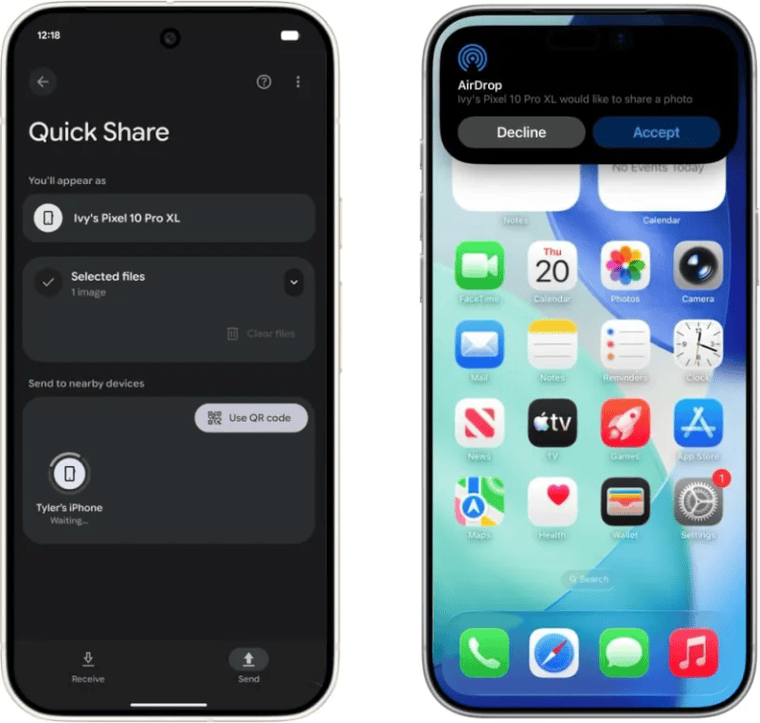 A Pixel phone showing the Quick Share screen with an iPhone listed as a nearby device, beside an iPhone showing an AirDrop prompt with Decline and Accept buttons