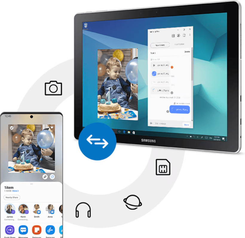 A Galaxy phone beside a Samsung Windows device, with a photo being sent from the phone into the Samsung Flow file history window on the PC