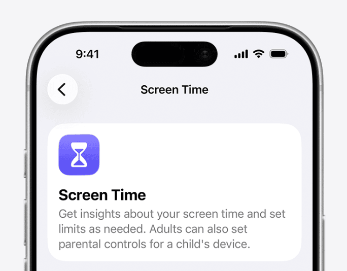 An iPhone showing the Screen Time settings screen, which offers parental controls for a child's device