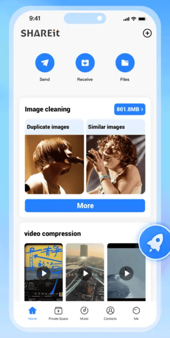The SHAREit home screen on an iPhone, with Send, Receive and Files at the top and panels for image cleaning and video compression filling the rest